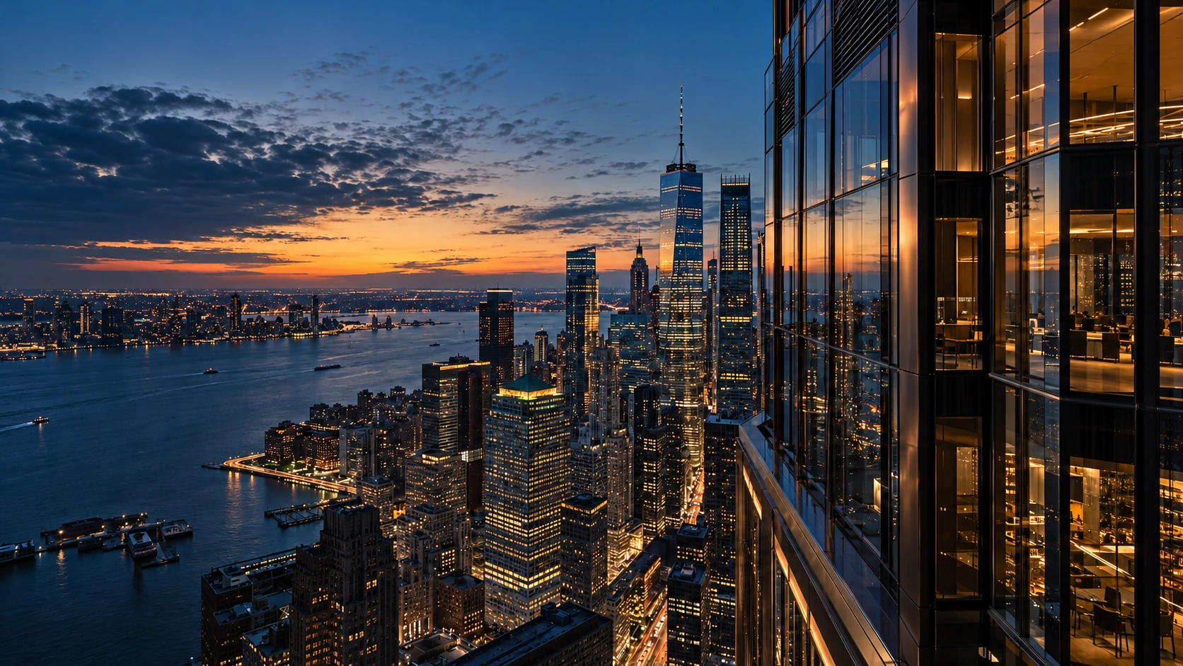 Illustrative city skyline and glass tower at dusk