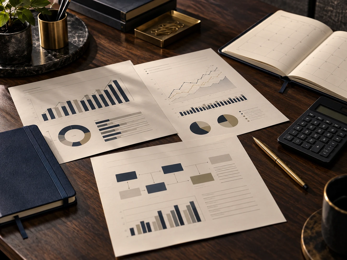 Illustrative financial planning desk with cash-flow charts, a planner, and a calculator