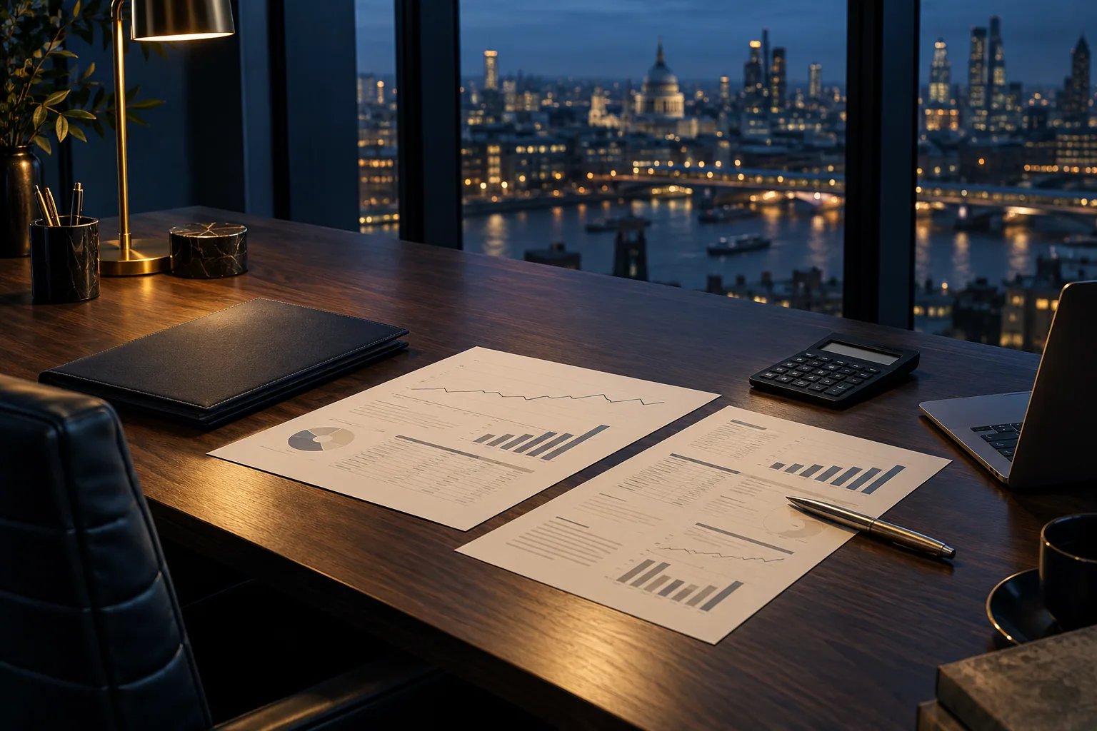Illustrative Financial Review Workspace With Reports And A Calculator